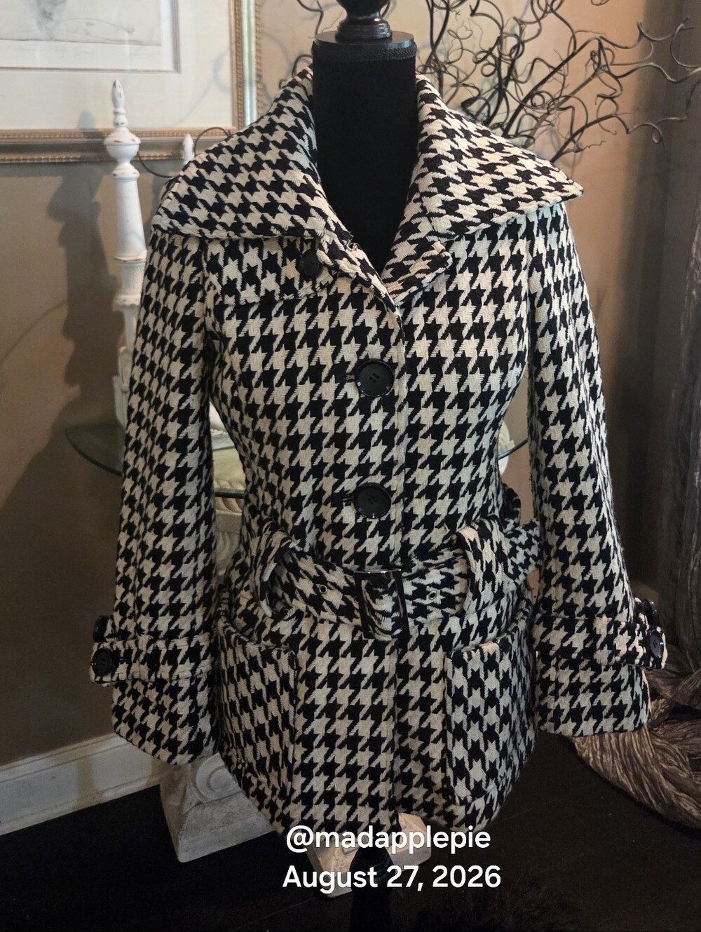 Guess Wool Blend Houndstooth Belted Pea Coat Dedigner Winter Trench Coat #119